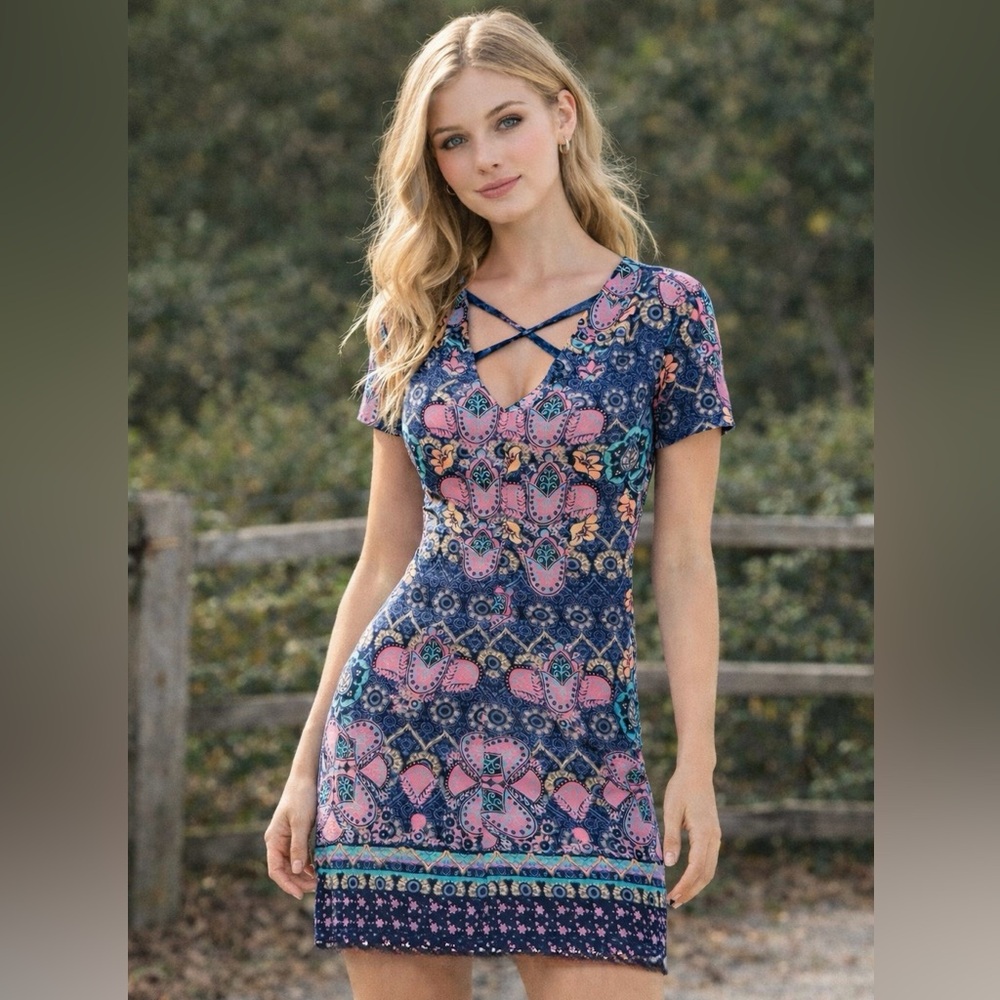 Hollister Criss-Cross Floral Boho Summer Mini Dress Baby Pink Teal Blue Size‎ S